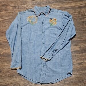 Unique Vintage Embroidered Women's Denim Button Down Shirt
